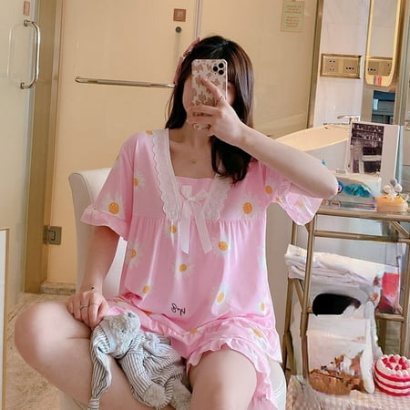 

DanceeMangoo Short Sleeve Ladies Pajamas Comfortable Women Summer Pajama Sets Printed Cotton Lace Sleepwear Pyjamas Young Girl Style Clothes