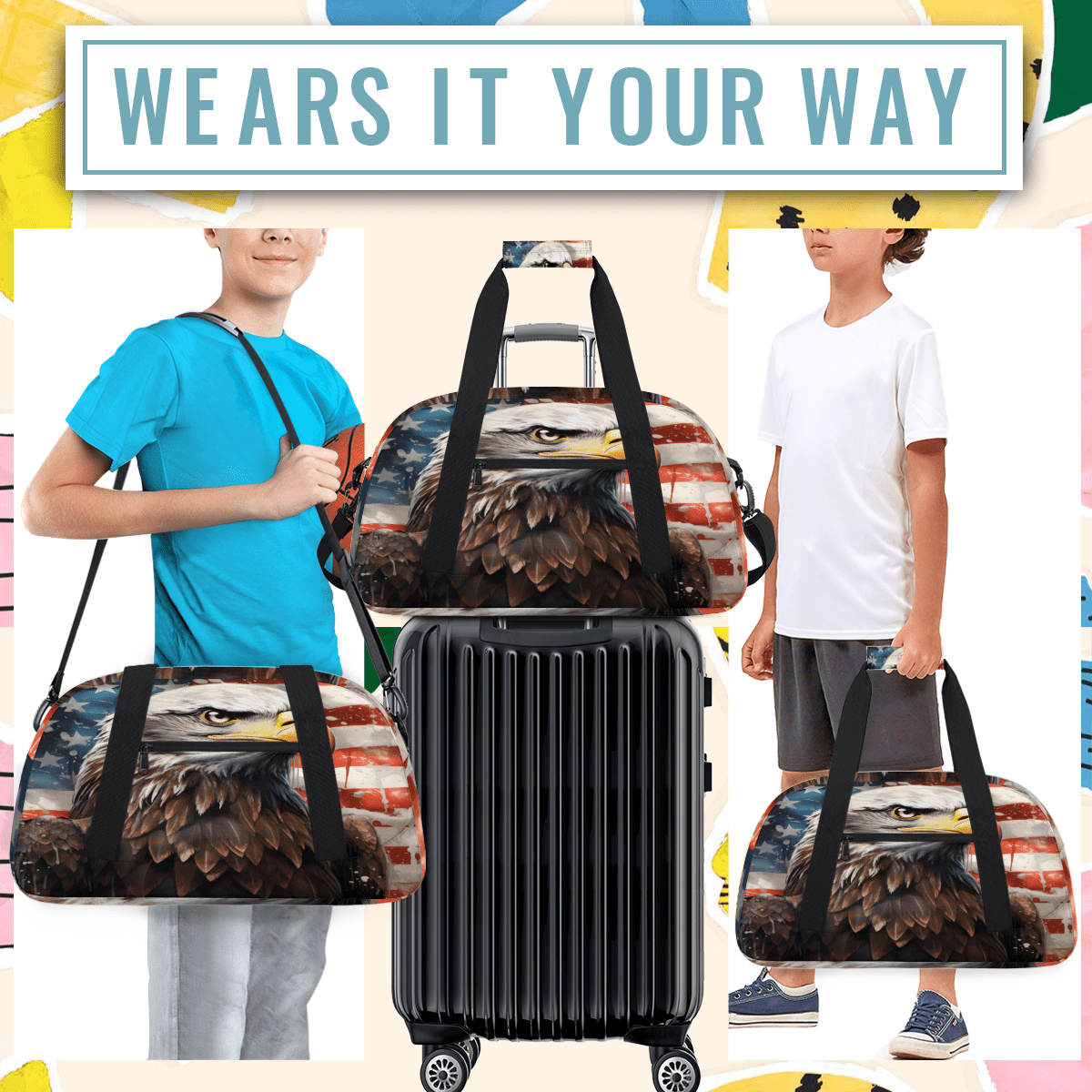 Herdesigns Patriotic Eagles Sports Duffle Bag for Women & Men, American Flag Gym Bag Dance Bag Overnight Bag Carry On Weekender Travel Bag