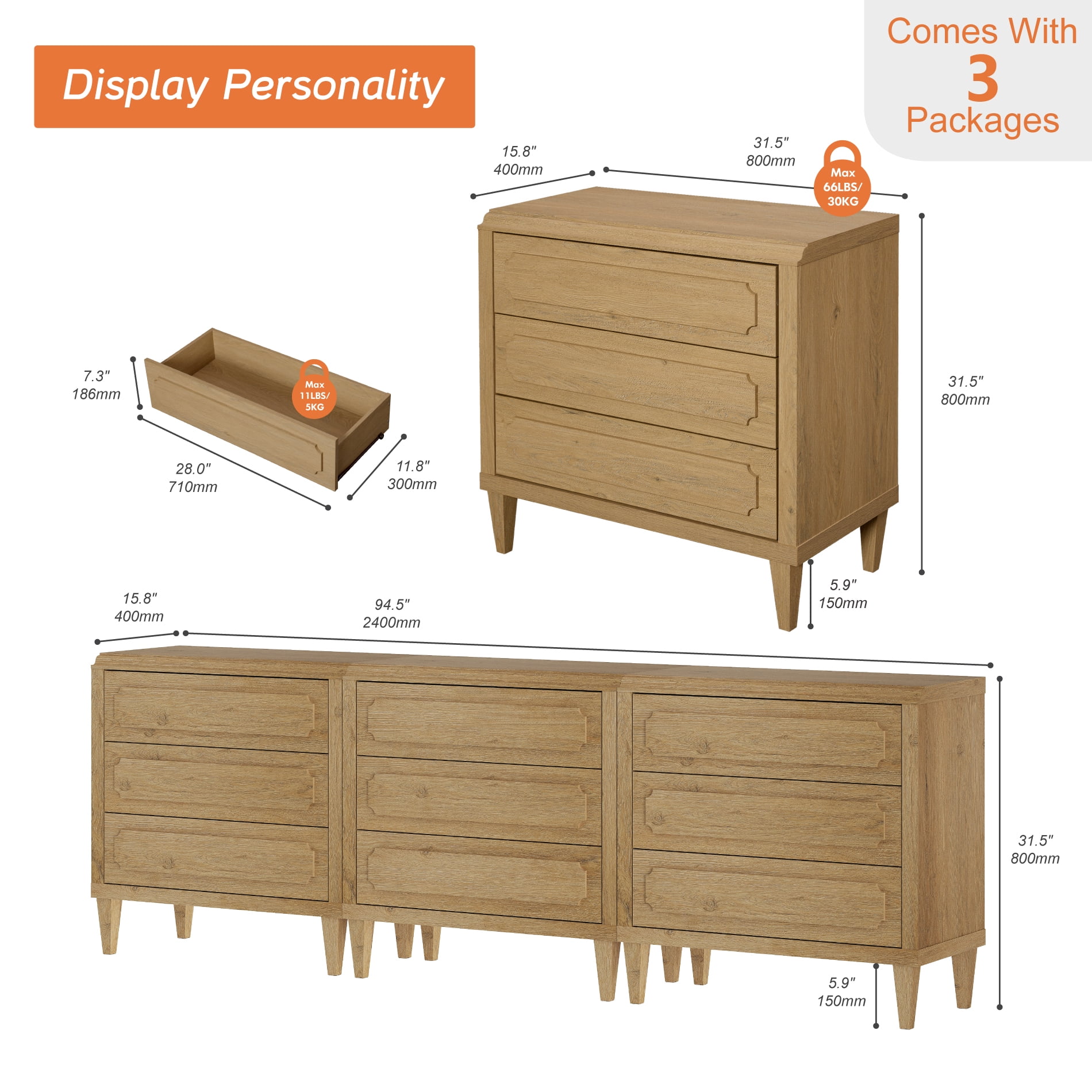 9-Drawer Modern Oak Dresser, Tall Wooden Dresser Storage Cabinet for Bedroom, Nursey, Hallway