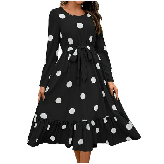 Cmfcve Women's Party Dress Polka Dot Print Long Sleeve Dance Holiday Dresses Round Neck Tie Front Ruffled Cocktail Evening Dress