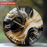 Round Glass Wall Clock, Black Gold Swirl Glass Wall Clock – Modern Abstract Art, Sleek Luxury Decor, Unique Home Accent, Statement Gift for Living Room Or Office Style 12×12inch(