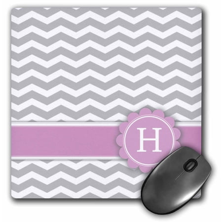 3dRose Letter H monogrammed on grey and white chevron with pink - gray zigzags - personal initial zig zags, Mouse Pad, 8 by 8 inches