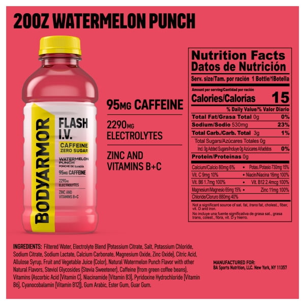 BODYARMOR FLASH I.V. Caffeine Zero Sugar Watermelon Punch Bottles, 20 fl oz, 12 Pack