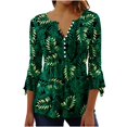 thumbnail image 2 of Womens Tops Ladies Top Floral Print V-Neck Short Sleeve Button T-Shirt Coffee L, 2 of 5