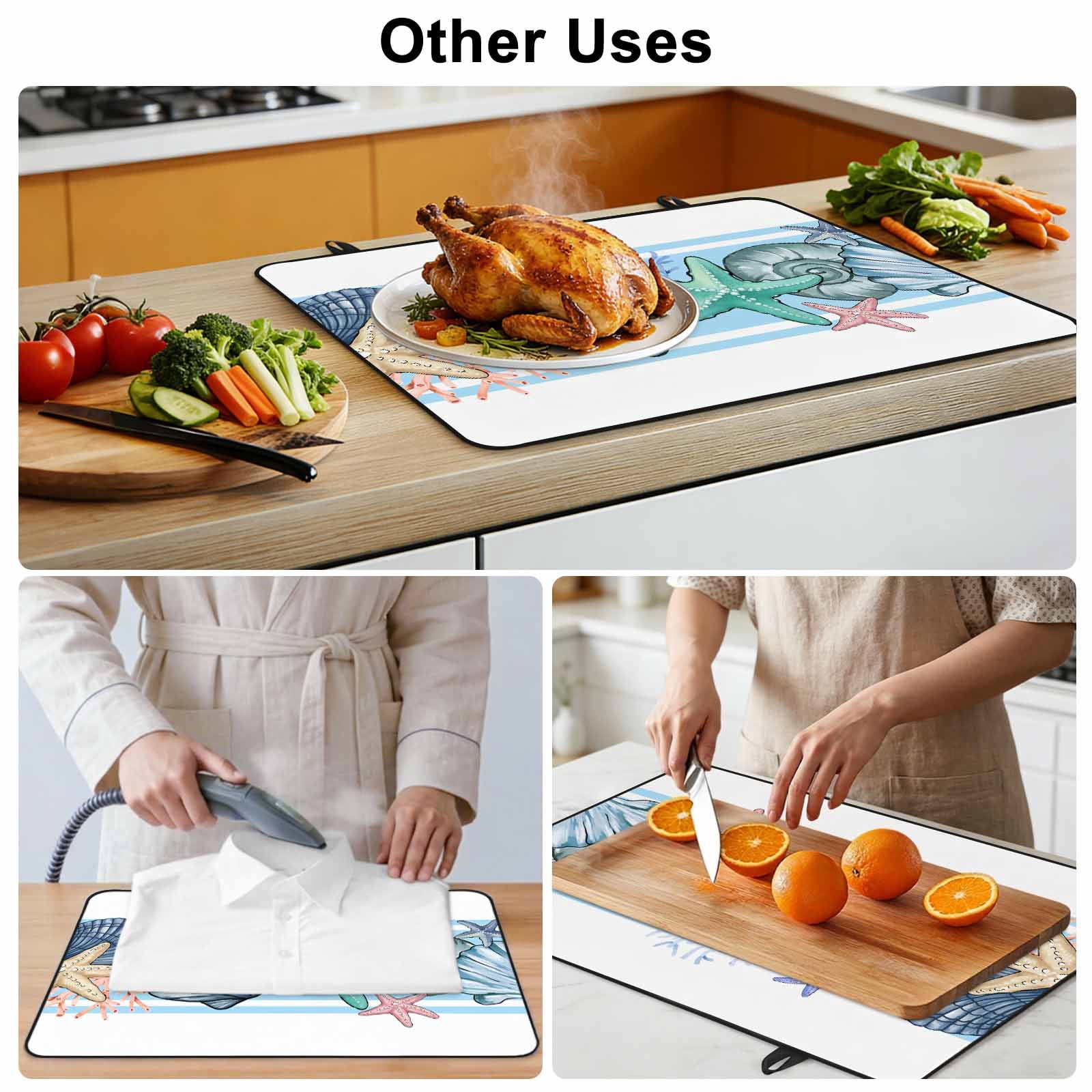 Blue Coastal Stove Top Cover for Electric Stove, Heat-proof & Non Slip Glass Top Stove Cover Protector, Beach Nautical Starfish Shell Coral Kitchen Flat Cooktop Rubber Mat 24x21 Inches