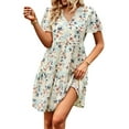 thumbnail image 4 of Women Chiffon Summer Dress V-Neck Short Sleeve Floral Dress Vintage Ruched Flowy A-Line Boho Casual Sundress, 4 of 10