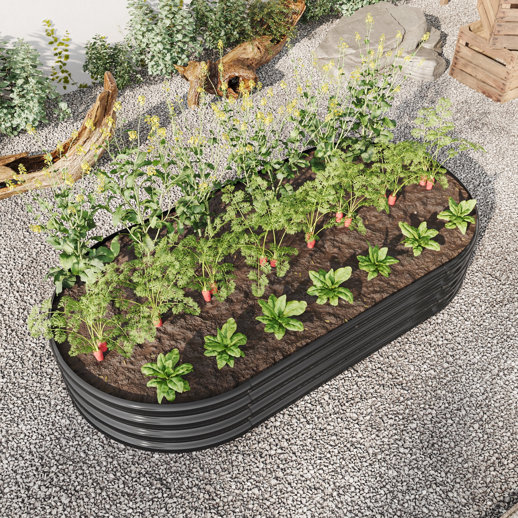 Miniyam 5.9×2.95×0.95ft Metal Raised Garden Bed, Oval Raised Planter for Flowers Plants, Vegetables Herb, Black