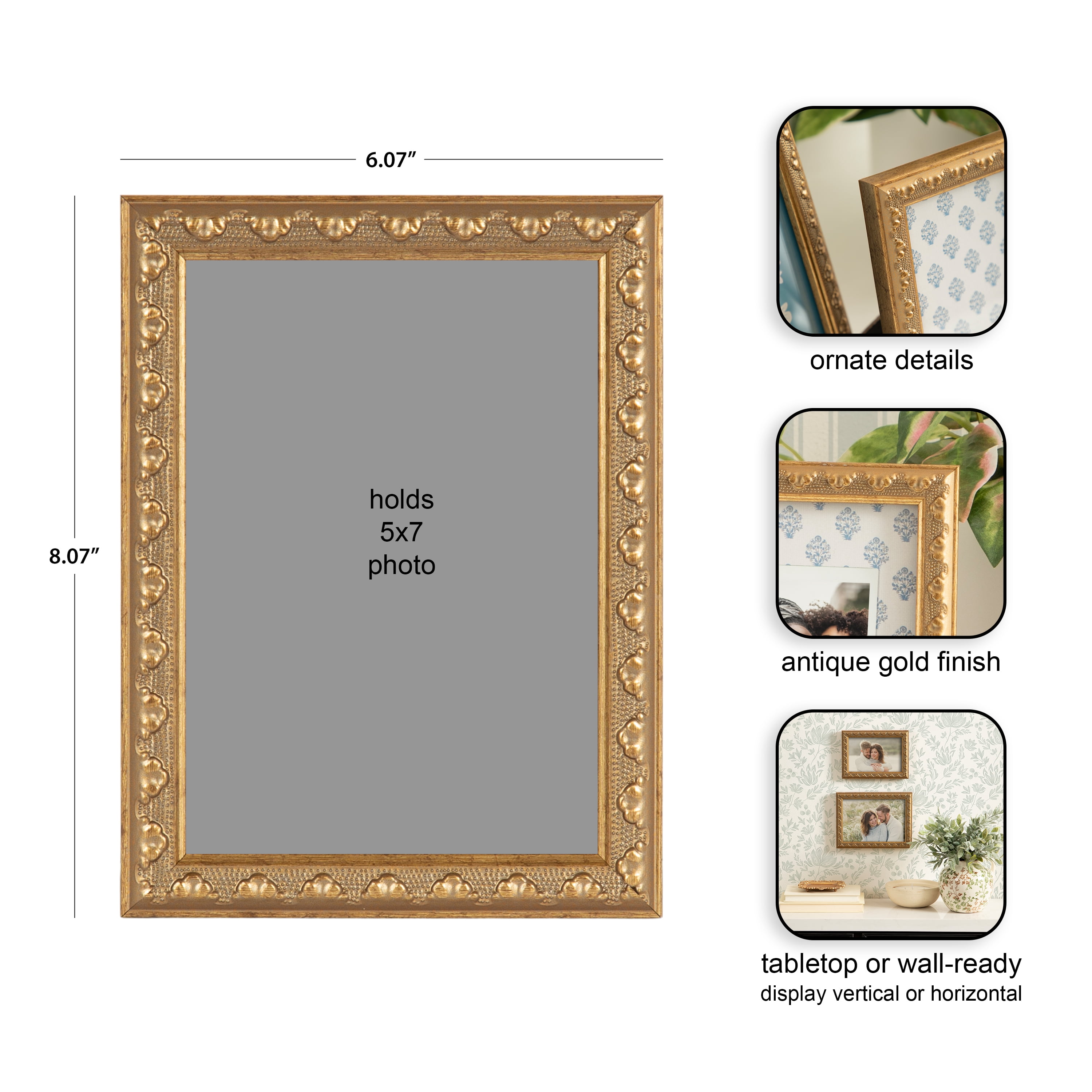 DesignOvation – 5x7 Picture Frame – Slim Ornate Antique Gold Tabletop Photo Frame
