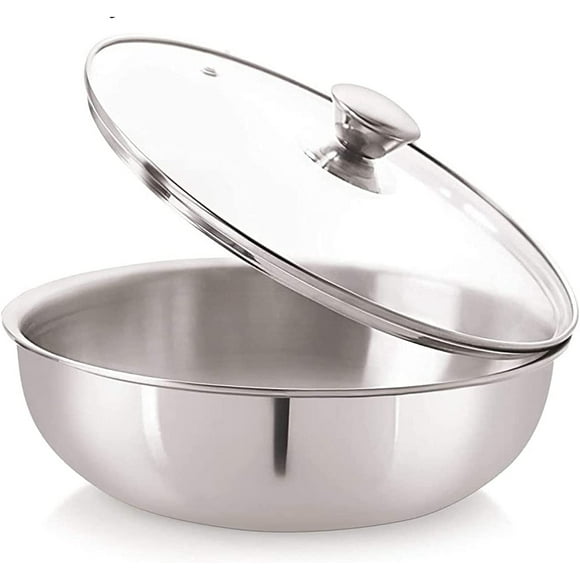 D&Y Stainless Steel Induction Bottom Stir Fry Pan Tri-Ply Deep Kadai Frying Pan Indian Kadhai Everyday Chef's Wok Pan for Kitchen Paella Pan For Cooking And Serving Pot and Pan
