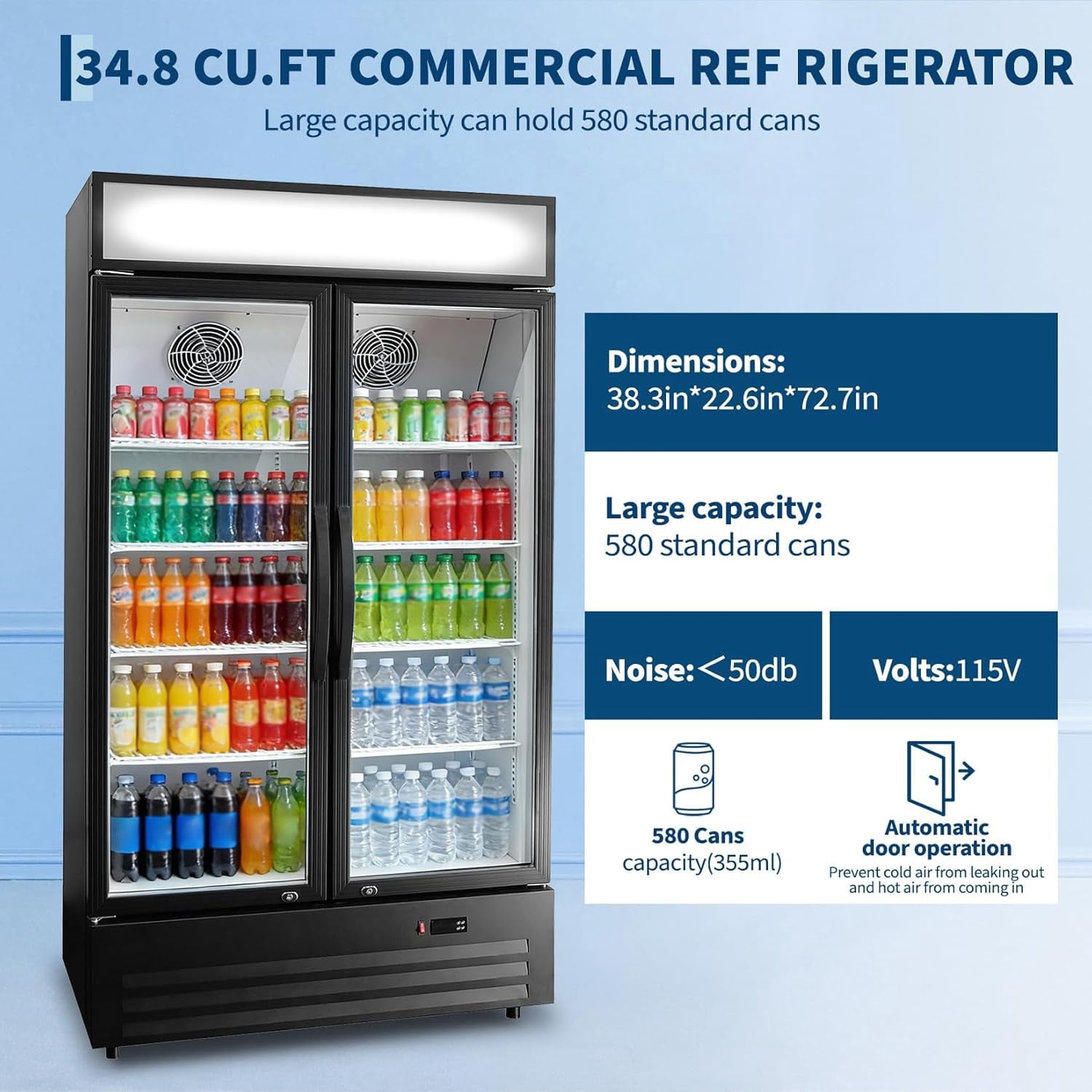 IdealHouse 34.8 Cu.ft Commercial Beverage Fridge, Double Glass Door Display Refrigerator with Adjustable Shelves, Customizable LED Lightbox & Frost-Free System, Beverage Cooler, Black