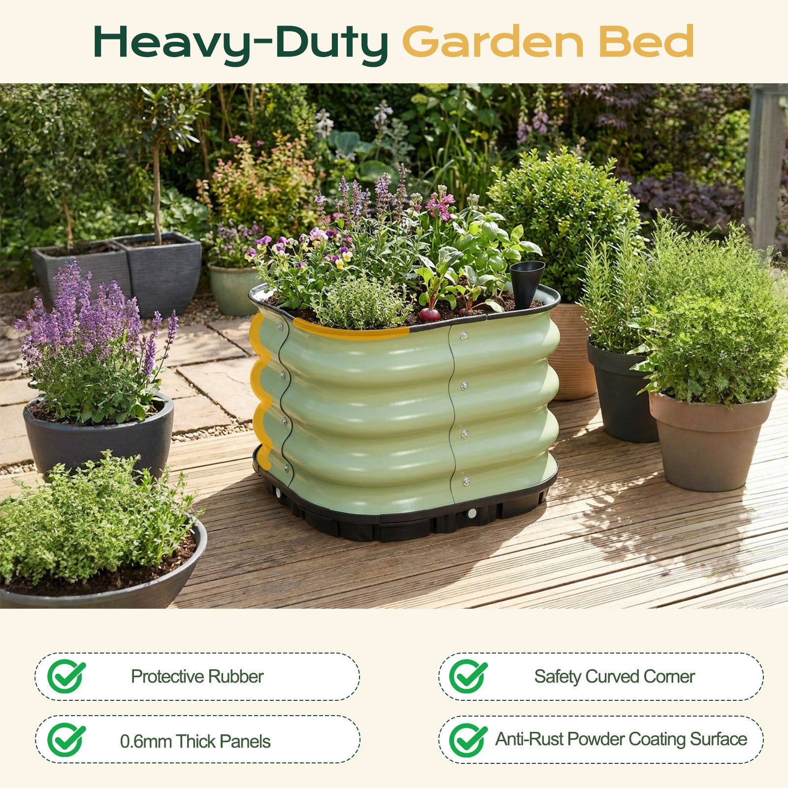 Aoodor 16.5" Galvanized Self-Watering Raised Garden Bed with Drainage-Green
