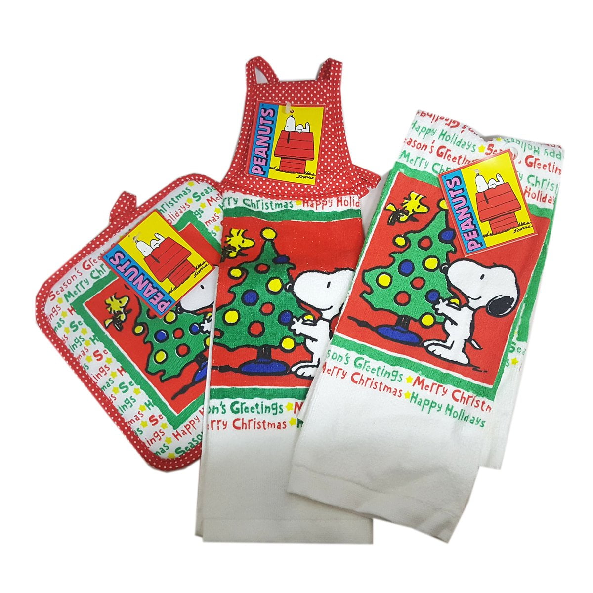 Snoopy & Woodstock Christmas Potholder Towels 3 Piece Kitchen Set