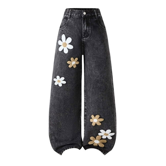 yocbz Cute Jeans Girl's Floral Bow Baggy Jeans Y2k Ripped Wide Leg Elastic Waist Denim Pants Loose Trousers Black,Size for 5-6 Years
