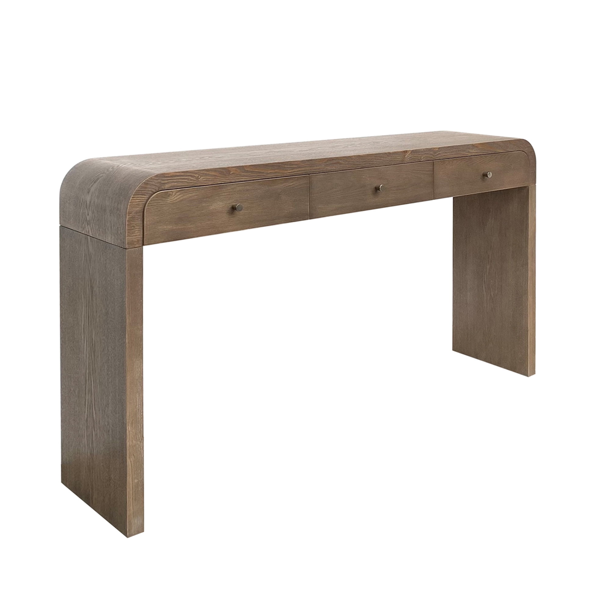 Leumius Curved Side Table with 3-Drawer, Entryway Sofa Table with Gold Pull Handles, Storage Accent Table for Living Room Hallway Foyer Dark Brown