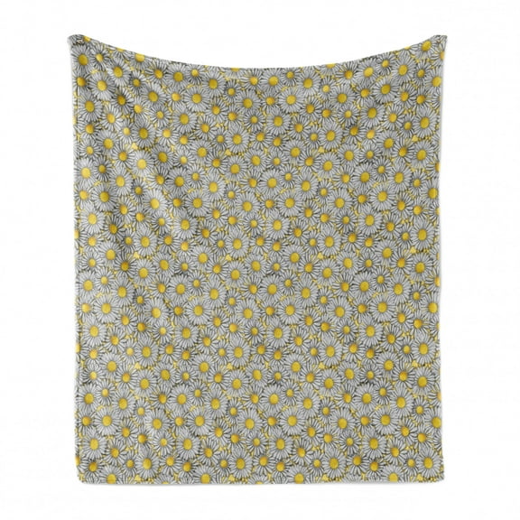 Daisy Soft Flannel Fleece Throw Blanket, Cluster of Chamomile Flowers Image as Overlapped Petals Gardening Theme, Cozy Plush for Indoor and Outdoor Use, 70" x 90", Yellow and Pale Grey, by Ambesonne