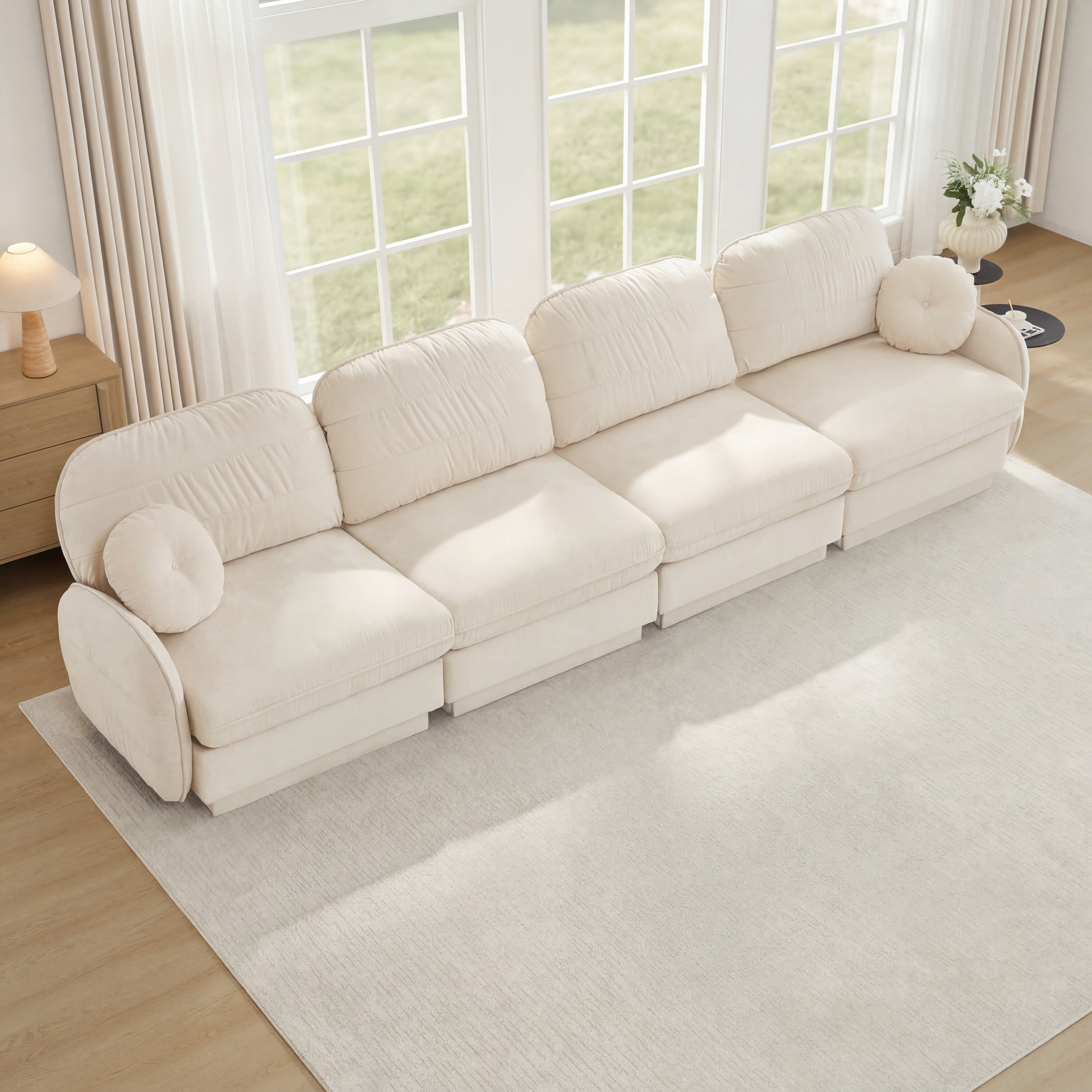 Mintazer 137" Chenille Cloud 4-Seater Modular Sectional Sofa with 2 Round Pillows, Easy Assembly Ergonomic Comfy Sofa Couch for Living Room, Apartment, Cream