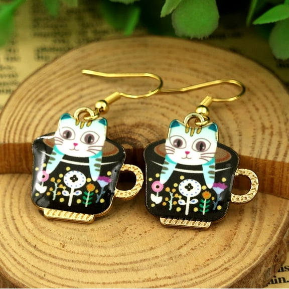 Kitten in a Mug Hook Earrings in 14K Gold Plated