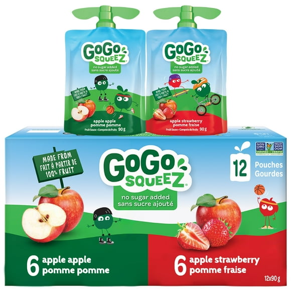 Assortiment de gourdes de compote de fruits GoGo squeeZ, Pomme pomme, Pomme fraise, Sans sucre ajouté. 90 g par gourde, paquet de 12, 1,08 kg