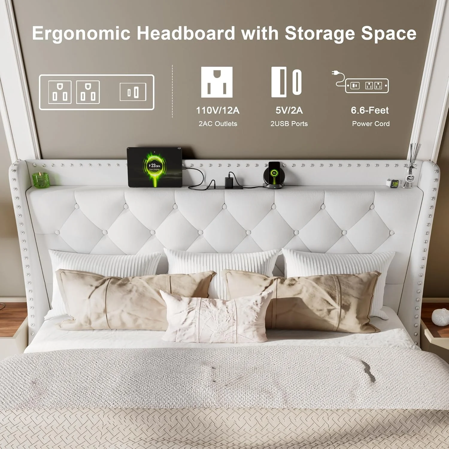 Gewnee King Size Upholstered Platform Bed with Wingback Storage Headboard,Built-in Charging Station,16” Wide Button Tufted Headboard with Nailhead Trim,8” Underbed Storage,White