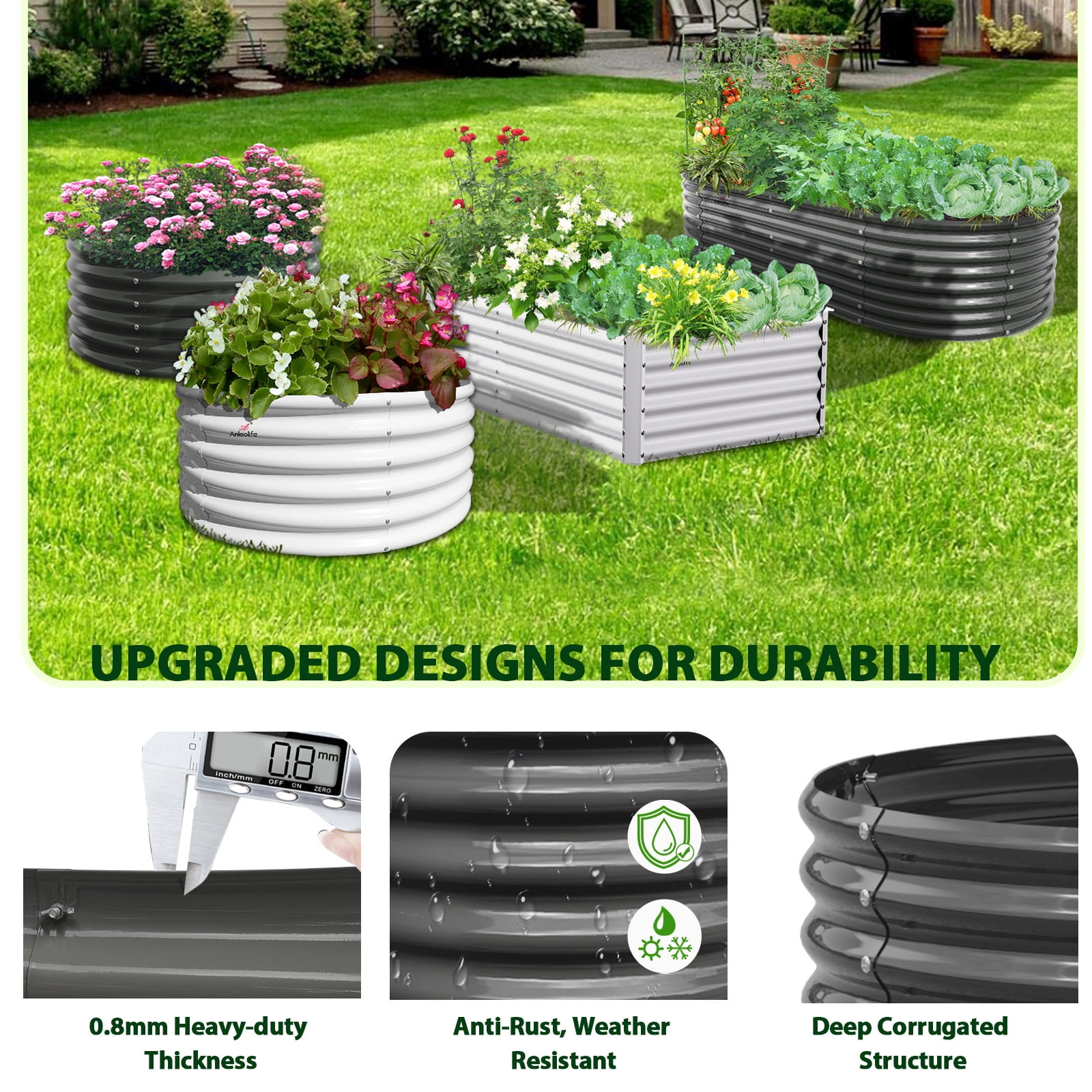 Anleolife 6-Pack 6x3x1.5ft Galvanized Raised Garden Beds Kit, Rectangular Modular Metal Planter Box for Soil Planting Grey