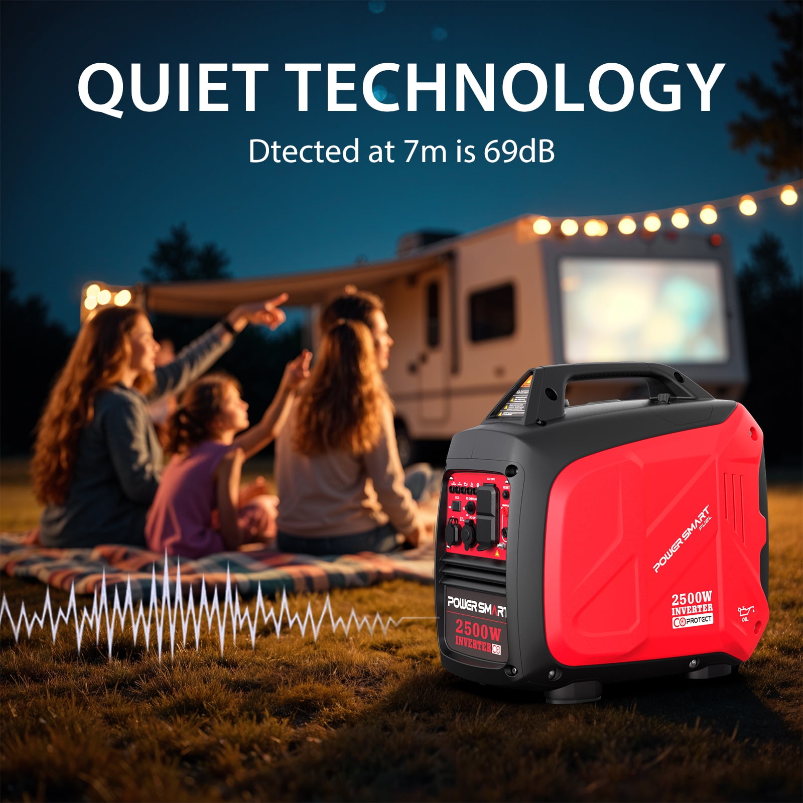 PowerSmart 2500W Portable Gas Fuel Inverter Generator CO Detect with Manual Start Outdoor Camping