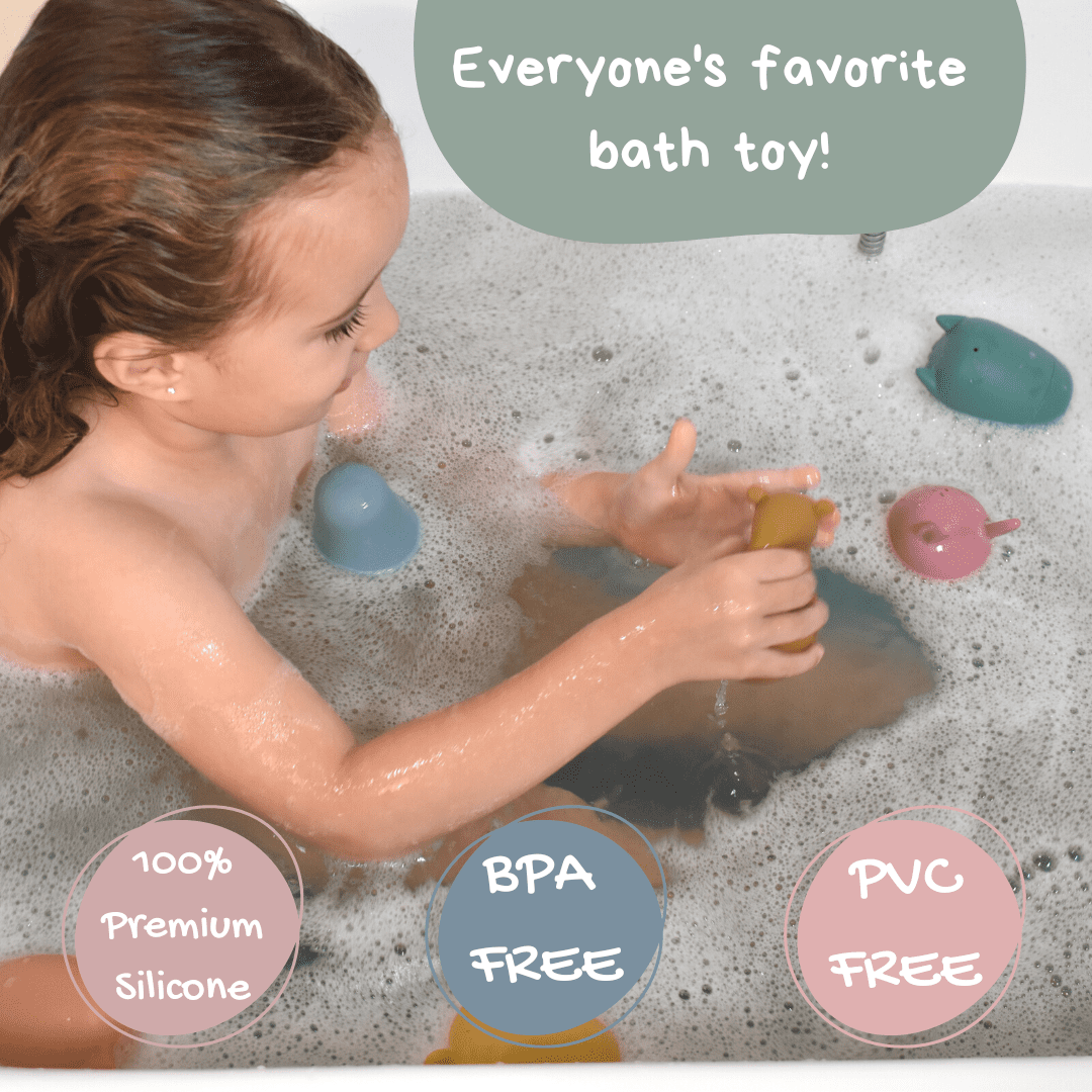 BrushinBella Silicone Bath Toys 4-Pack - Cleanable Silicone Montessori Toys - Baby Bath Toys - Bath Toys Dishwasher-Safe - Toddler Tub Toys - Baby Bath Essentials