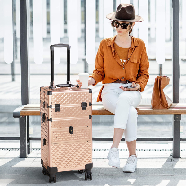 2-in-1 Champagne Gold Makeup Case, Diamond-Patterned Aluminum, Sliding & Removable Drawers with Swivel Wheels for Vanity/Travel/Professionals