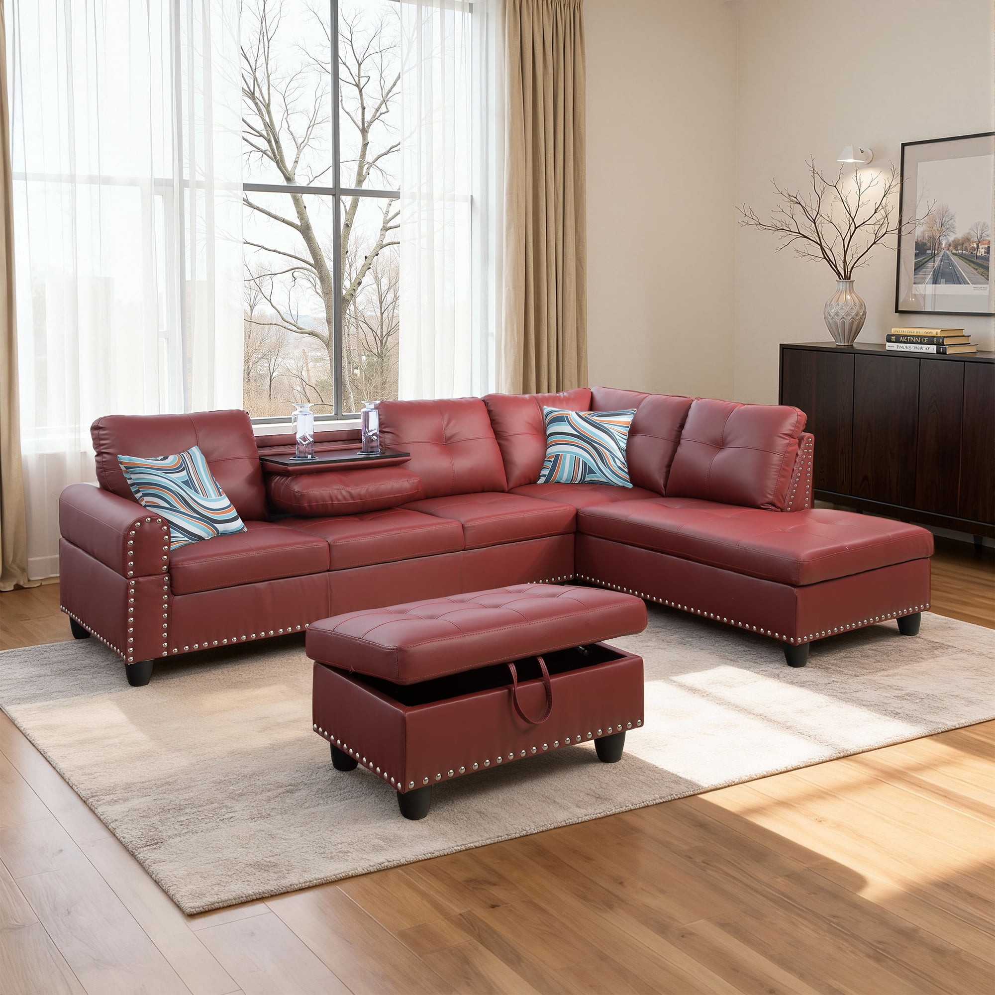 MAYEERTY 97.5" L-Shaped Sectional Sofa, Faux Leather 3-Piece Modular Couch Sofa Set with Ottoman, Red (Right)