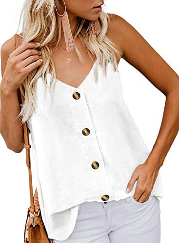 WNEEDU Women's Button Down V Neck Strappy Tank Tops Loose Casual 