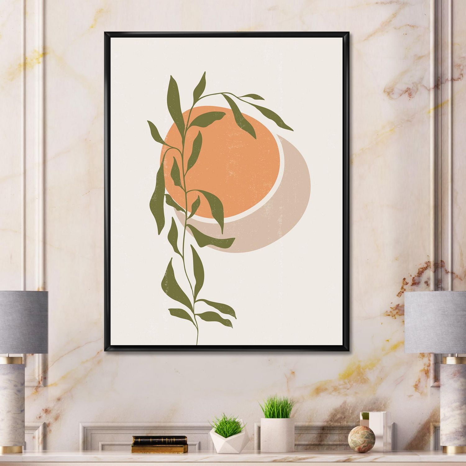 Designart Soleil et lune orange abstraits avec des feuilles tropicales ART MURAL À CADRE FLOTTÉ