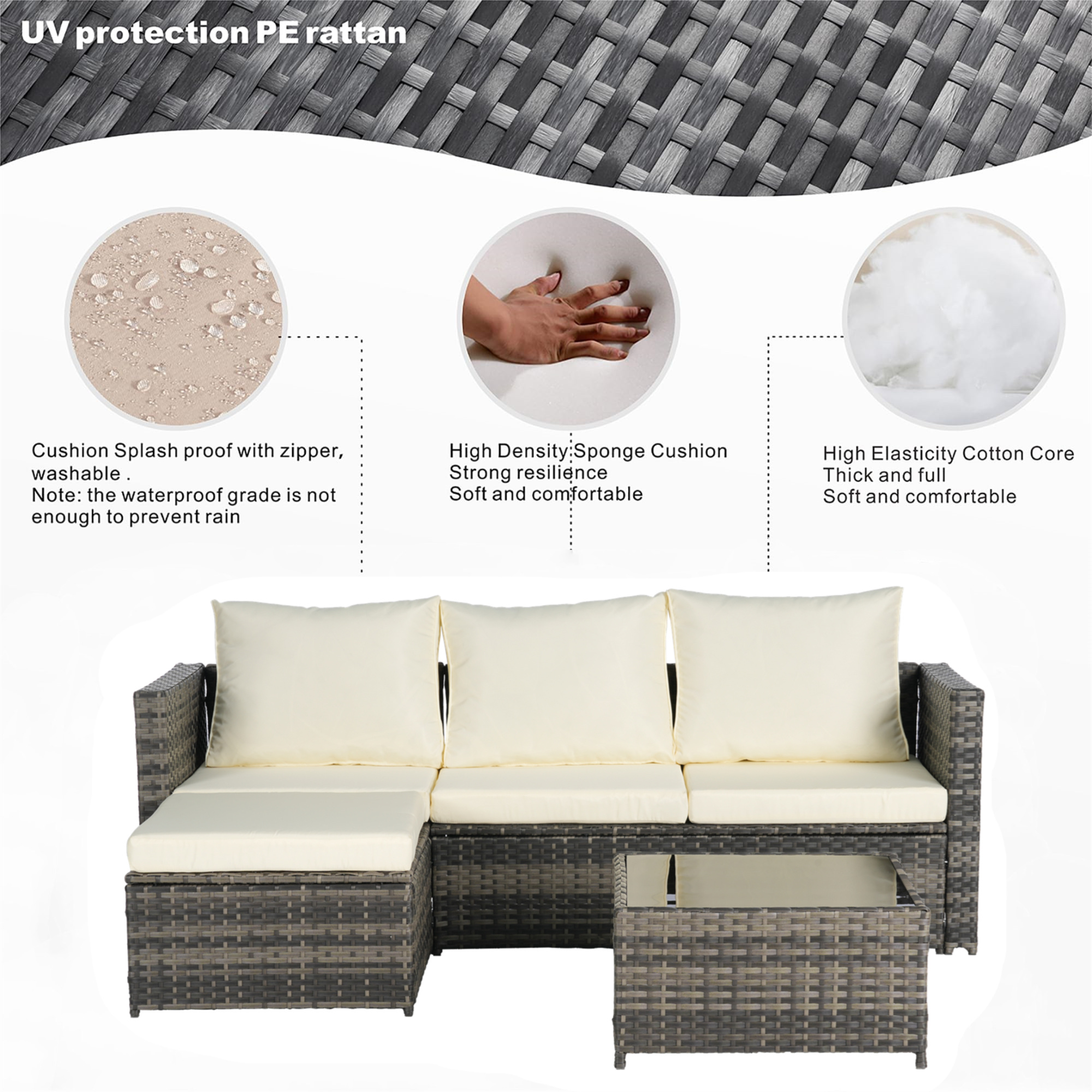 Aukfa Outdoor Patio Furniture Set - L shape Wicker Sectional Sofa with Coffee Table - Beige Cushions