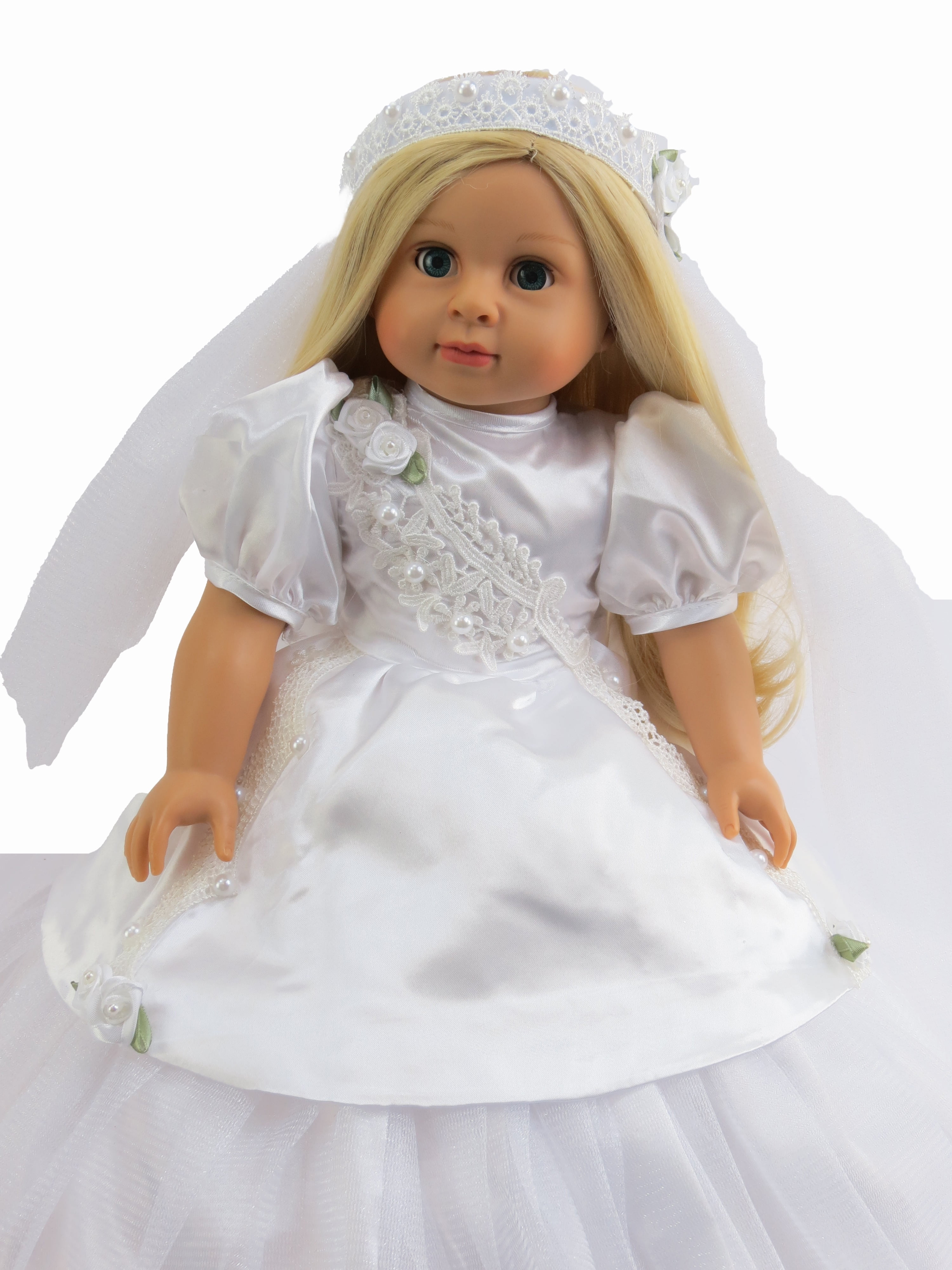 3 PCS KYToy 18 Inch Doll White Wedding Outfit for American Doll Clothes and Accessories Girl Bride Flower Pearl Wedding Dress Gown with Veil and Necklace Set