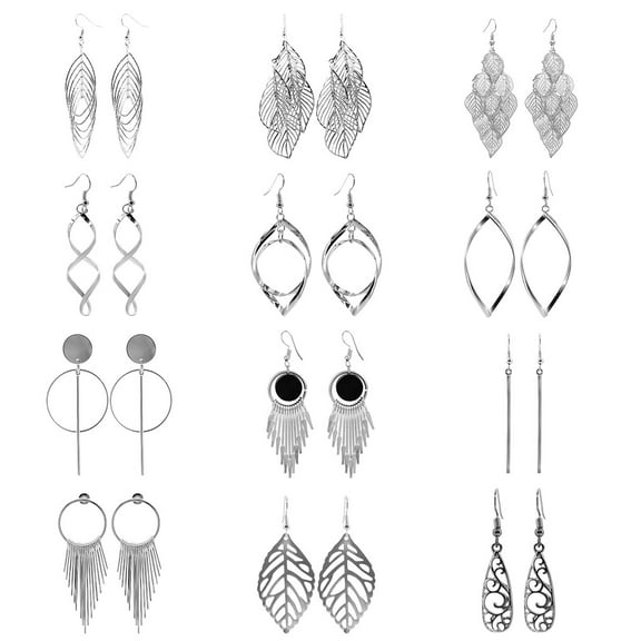 Silver Dangle Earrings Drop Dangle Earrings for Women Boho Fashion Jewelry Vintage Statement Earrings 12 Pairs