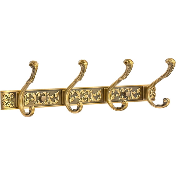 Vintage Coat Rack Wall Mount, Decorative Wall Coat Rack with 4 Hooks for Hanging Key Purse Hat Robe Towel Clothes Unique Hanger for Bathroom Shower Entryway Antique Brass 1 Pack