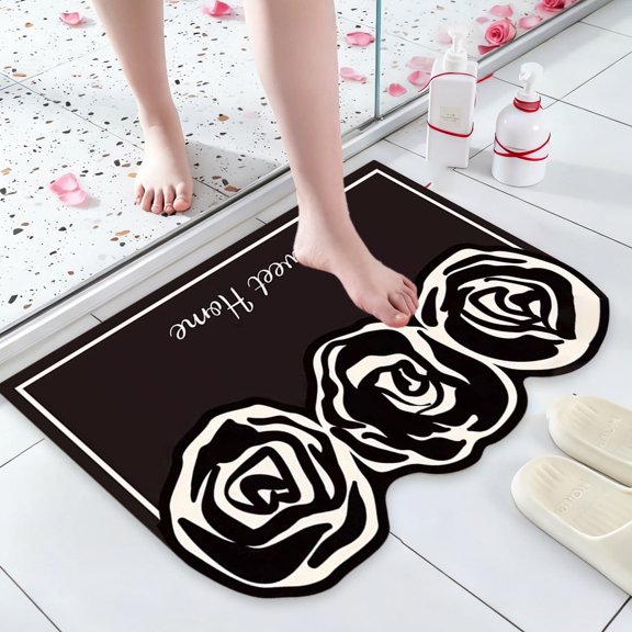 Cheapark Valentine's Day Flower Carpet, Diatom Mud Bathroom Mat with High Absorbency and Non-Slip Surface, Dirt-Resistant Decorative Mat for Valentine's Celebration, 23.6x15.7 Inches