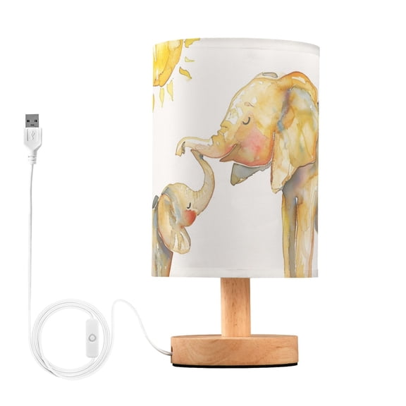 Watercolor Elephants Table Lamp USB Bedside Desk Nightstand Lamp Printed Gifts Small Lamp Wood Base for Bedroom Living Room Kids Room College Dorm