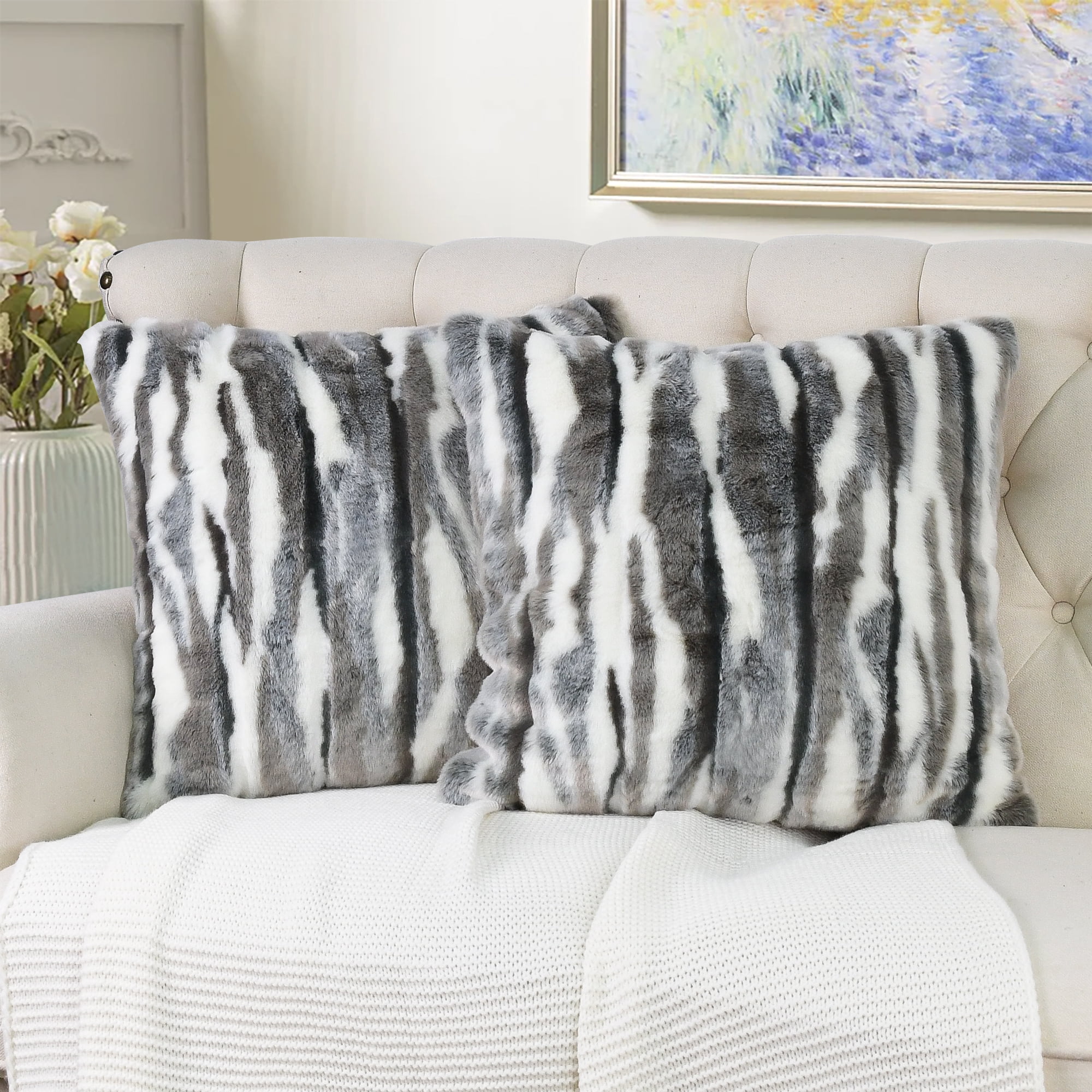 Home Soft Things Multi Jacquard Faux Fur Throw Pillow Cover 2pcs Set - Grey
