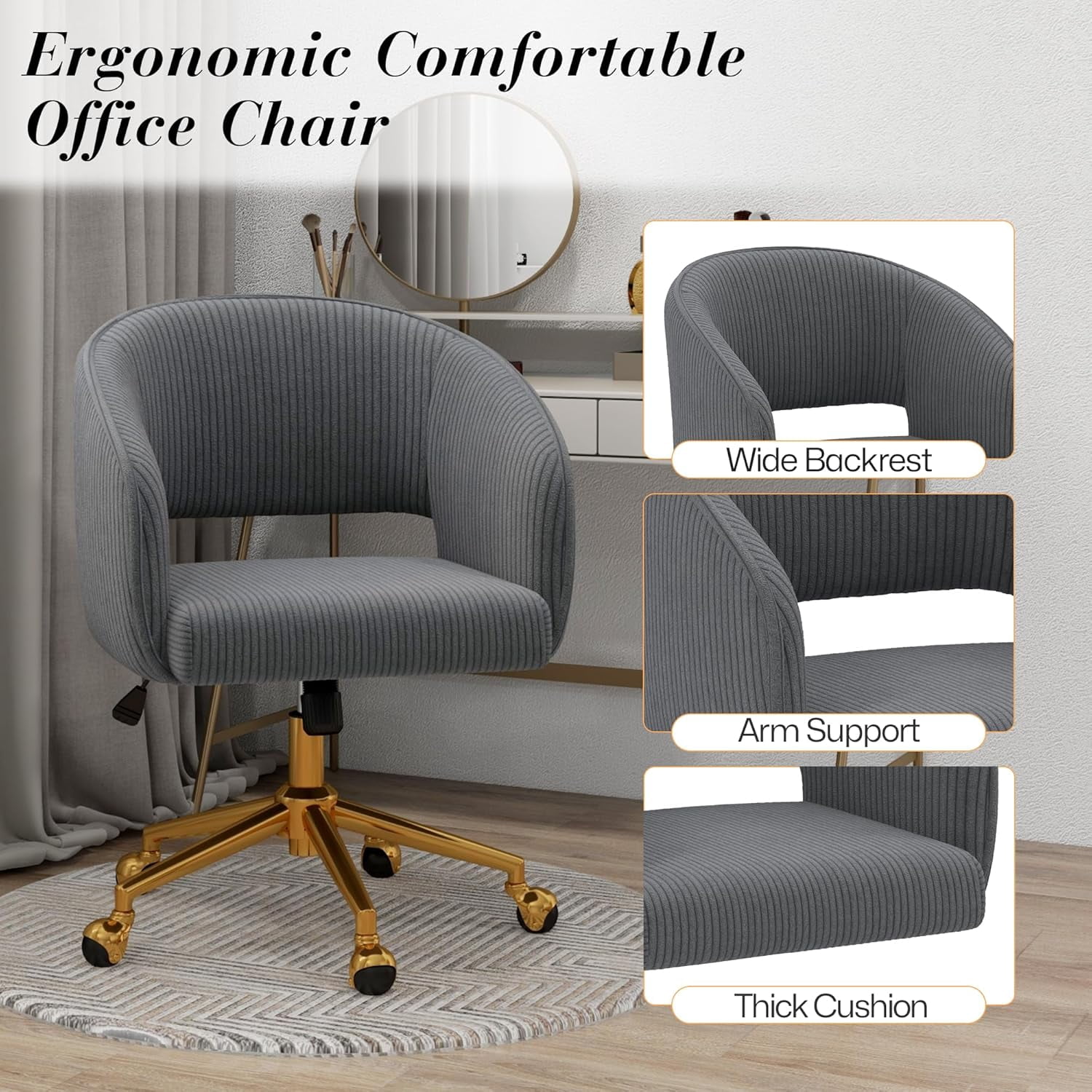 Home Office Swivel Desk Chair, Modern Corduroy Desk Chair, Height Adjustable Armchair with Gold Base, Ergonomic Office Chair for Living Room Vanity Study Computer Room, Gray