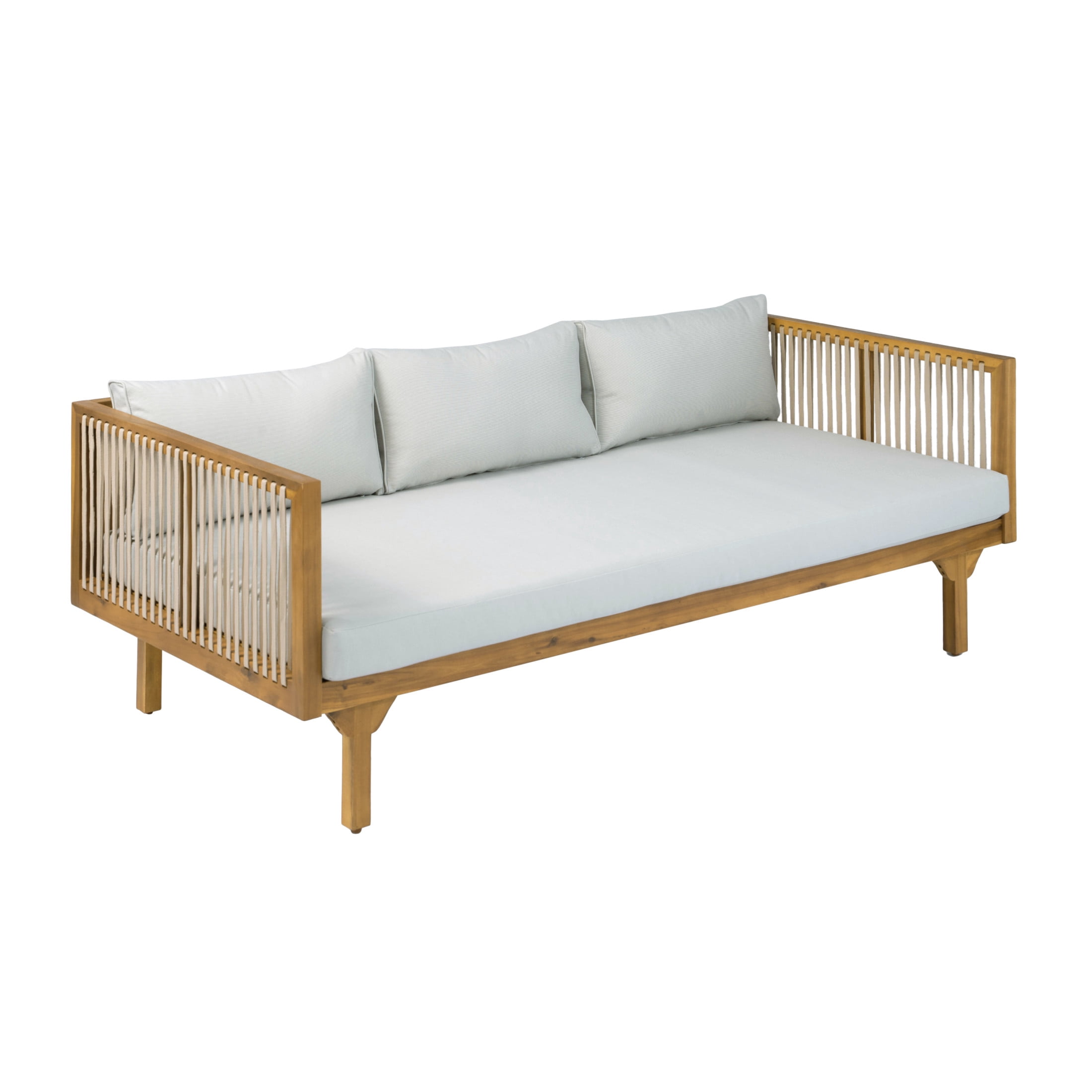 Christopher Knight Home 67.5" Outdoor Patio Acacia Wood Sofa with Light Brown Rope and Light Gray Cushions