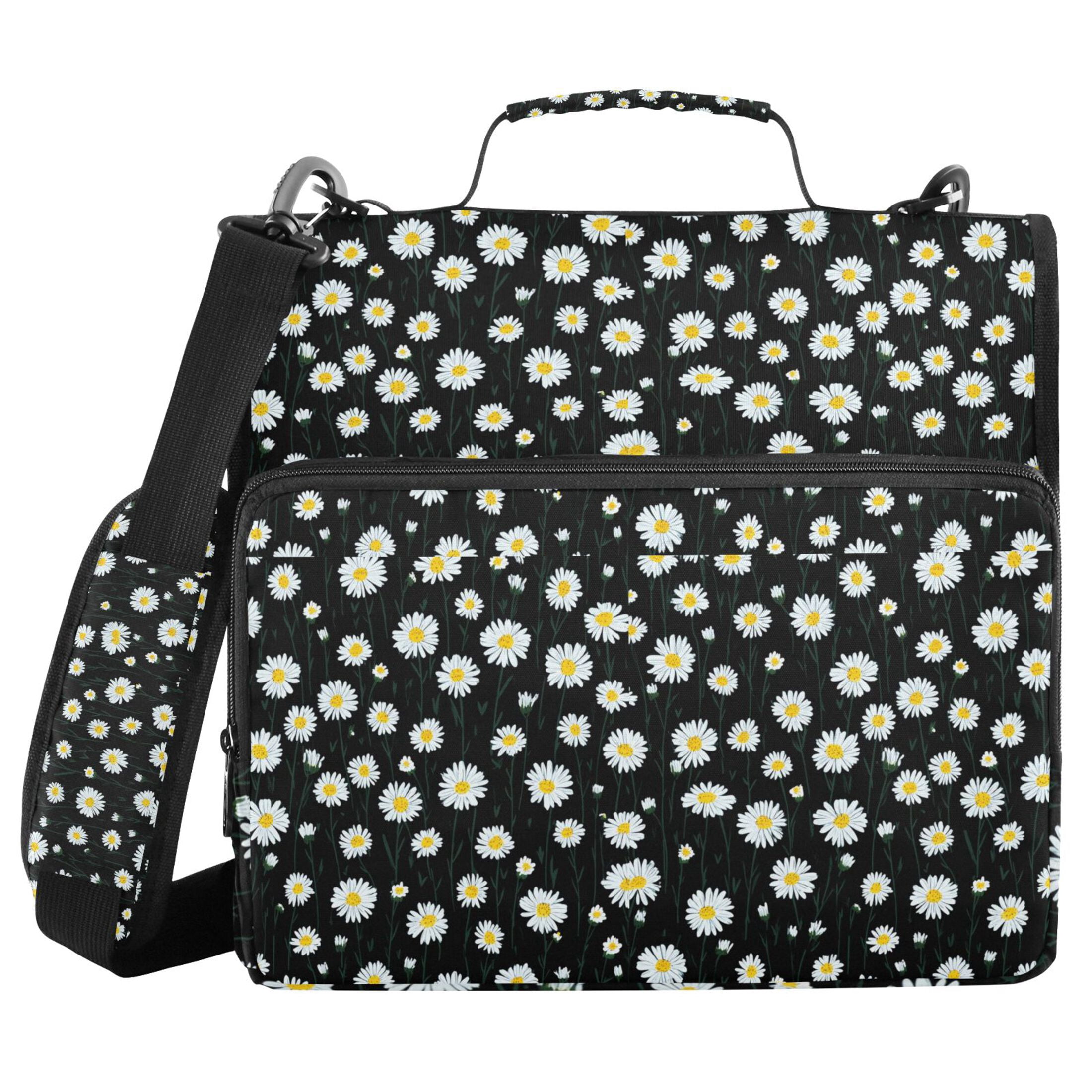 Zipper Binder Daisy Black Background 1.5 Inch Binder Folder Bag with Shoulder Strap and Handle