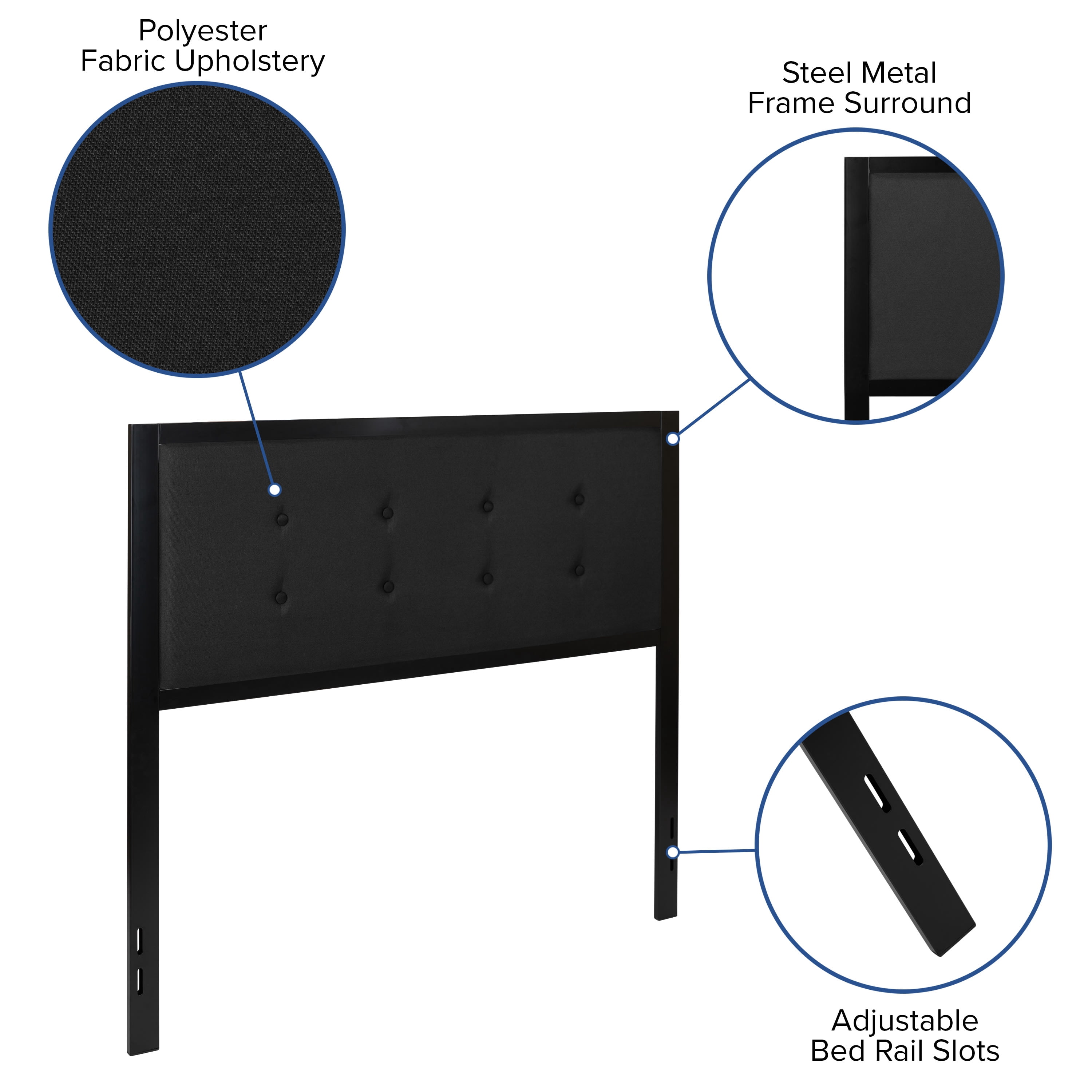 Emma + Oliver Full Size Upholstered Metal Panel Headboard in Tufted Black Fabric