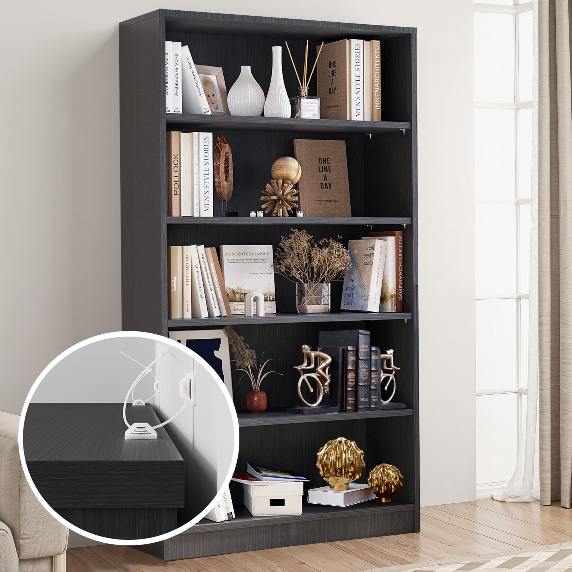 MAYEERTY Gray 5-Shelf Modern Wood Bookcase, 60" Tall, for Bedroom, Living Room, and Manga Library