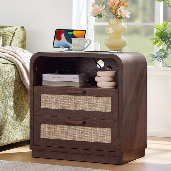 BuildHom 23.6" Rattan Nightstand with Charging Station, 2-Drawer Boho Storage Bedside Table for Bedroom, Living Room, Walnut