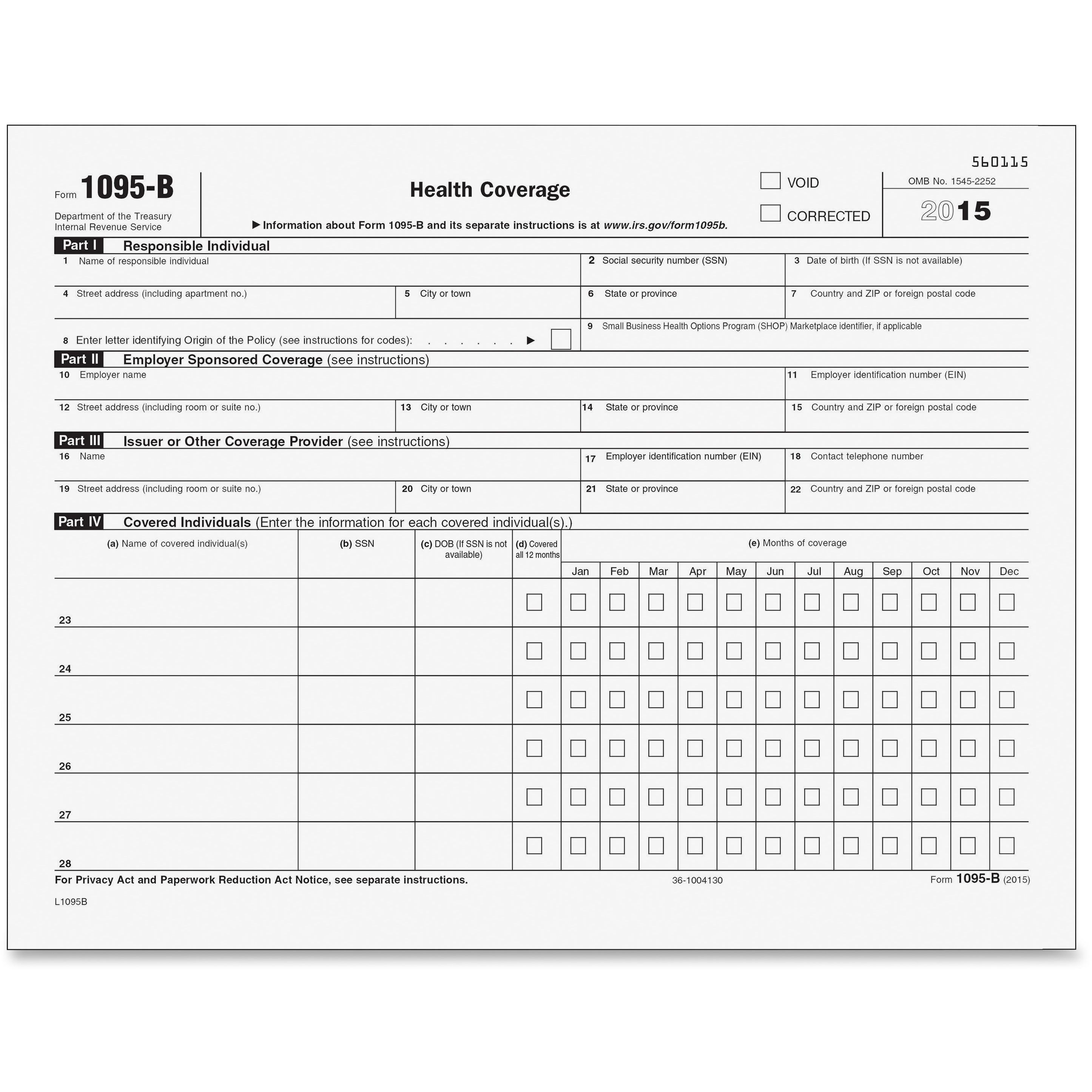 Tops 1095-B Health Coverage Laser Form 8 1/2 x 11 50 Sheets/Pack L1095B ...