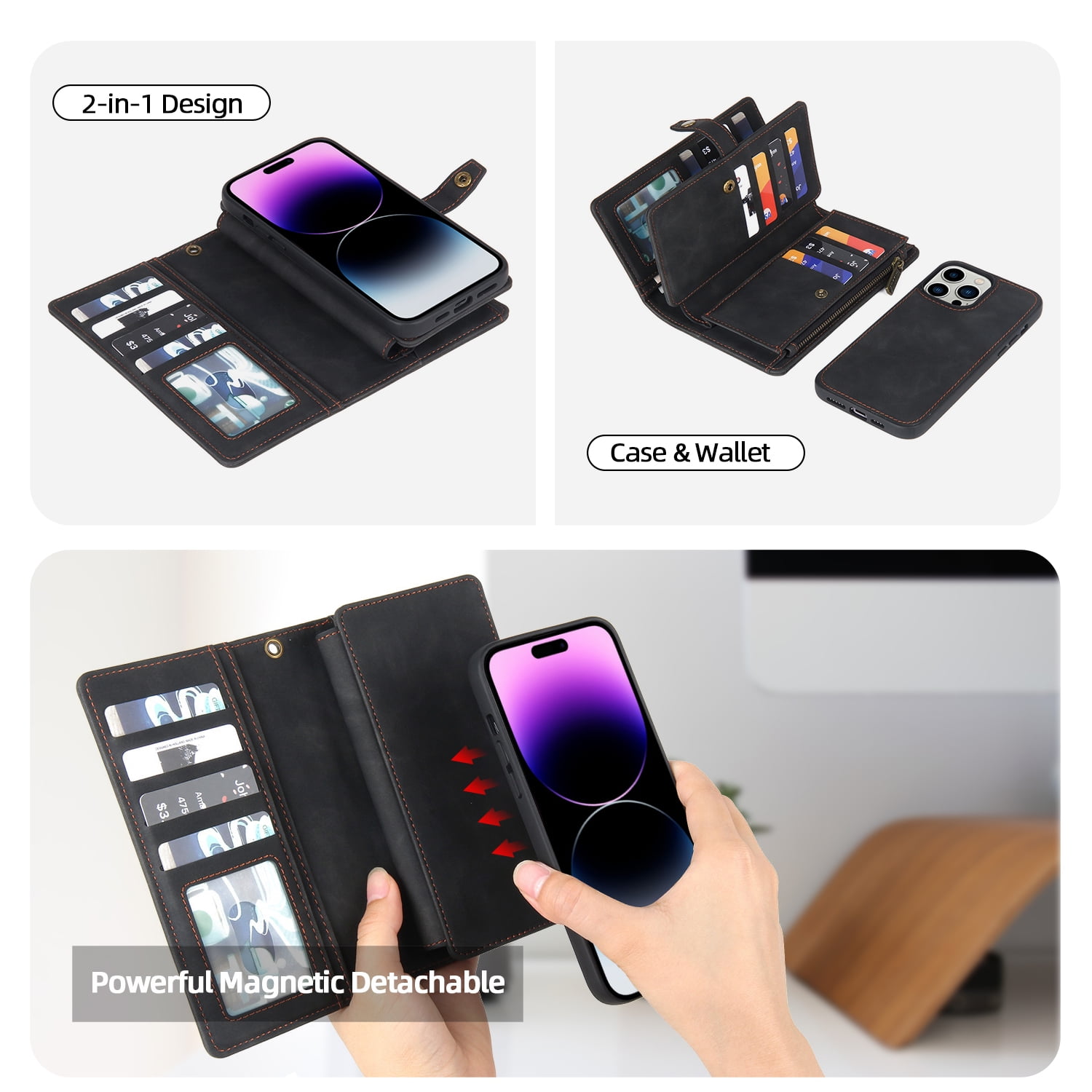 for iPhone 16 Plus Case, Wallet Case for Women Men, Durable PU Leather Magnetic Flip Lanyard Strap Wristlet Zipper Card Holder Wallet Phone Cases for iPhone 16 Plus, Black