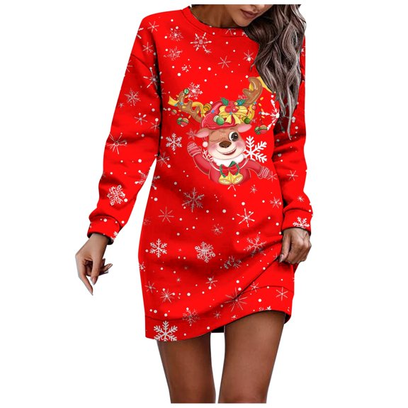 FYEGRE Women's Hoodless Print Sweater Dress Long Sleeve Crewneck Casual Loungewear Tunic Pullover For Fall Winter Holiday Season Party Outfit Comfortable Soft Warm Fashion Apparel Red S