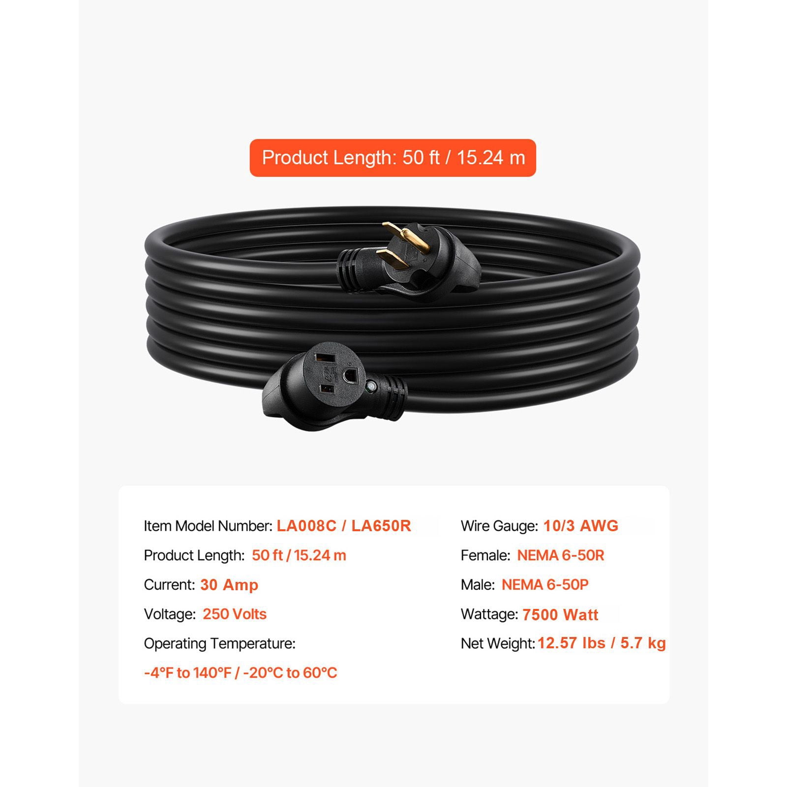 Chateauy 50FT 30A Welder Extension Cord, 10/3 AWG NEMA 6-50P, 250V 7500W Pure Copper STW Weatherproof Cable for MIG TIG Plasma
