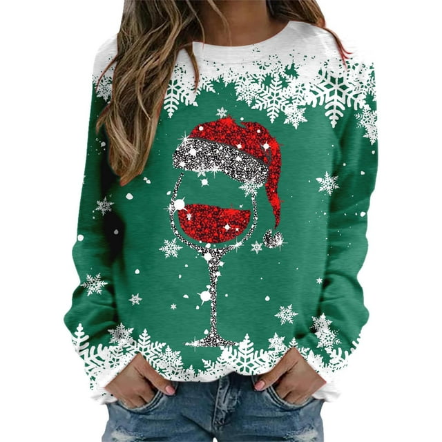 Aocisk Chandail en Molleton à Manches Longues Col Rond Imprimé Verre Joyeux Noël pour Femmes Coupe Ample Décontractée Vert TTG