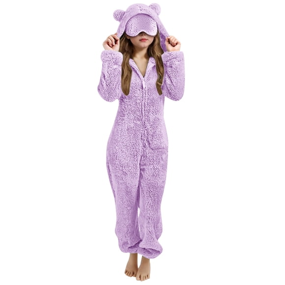 aohooy Warm Girls Pajamas Cute Hooded Ears Zipper Sherpa Jumpsuit with Eye Mask Fleece Long Sleeve Lounge One Piece Romper Purple,15 Years