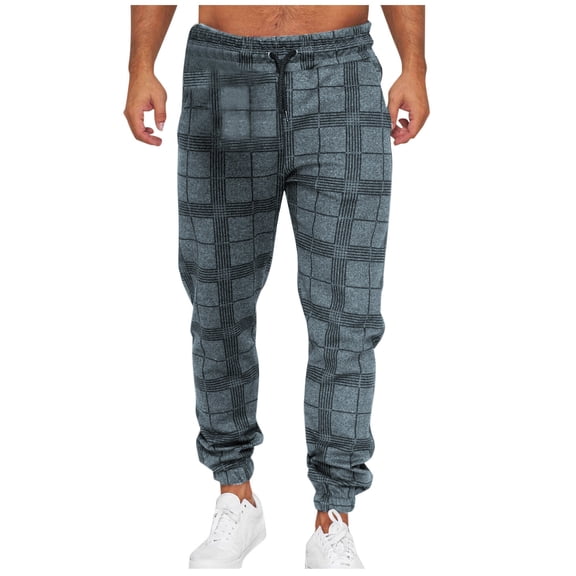 Hrsba Sports Pants for Men,Plaid Print Casual Drawstring Tapered Leg Breathable Summer Sports Long Pants for Men